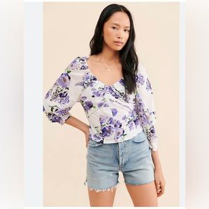 Anthropologie V Neck Ruched Knit Top Floral Romantic White Purple